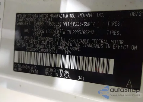 2021 Toyota Sienna Le z USA, uszkodzony, nr VIN 5TDBSKFCXMS035101